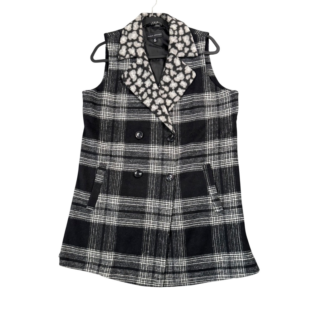 Susan Graver Black Plaid Double Breasted Vest Animal Print Collar Modern Chic MP